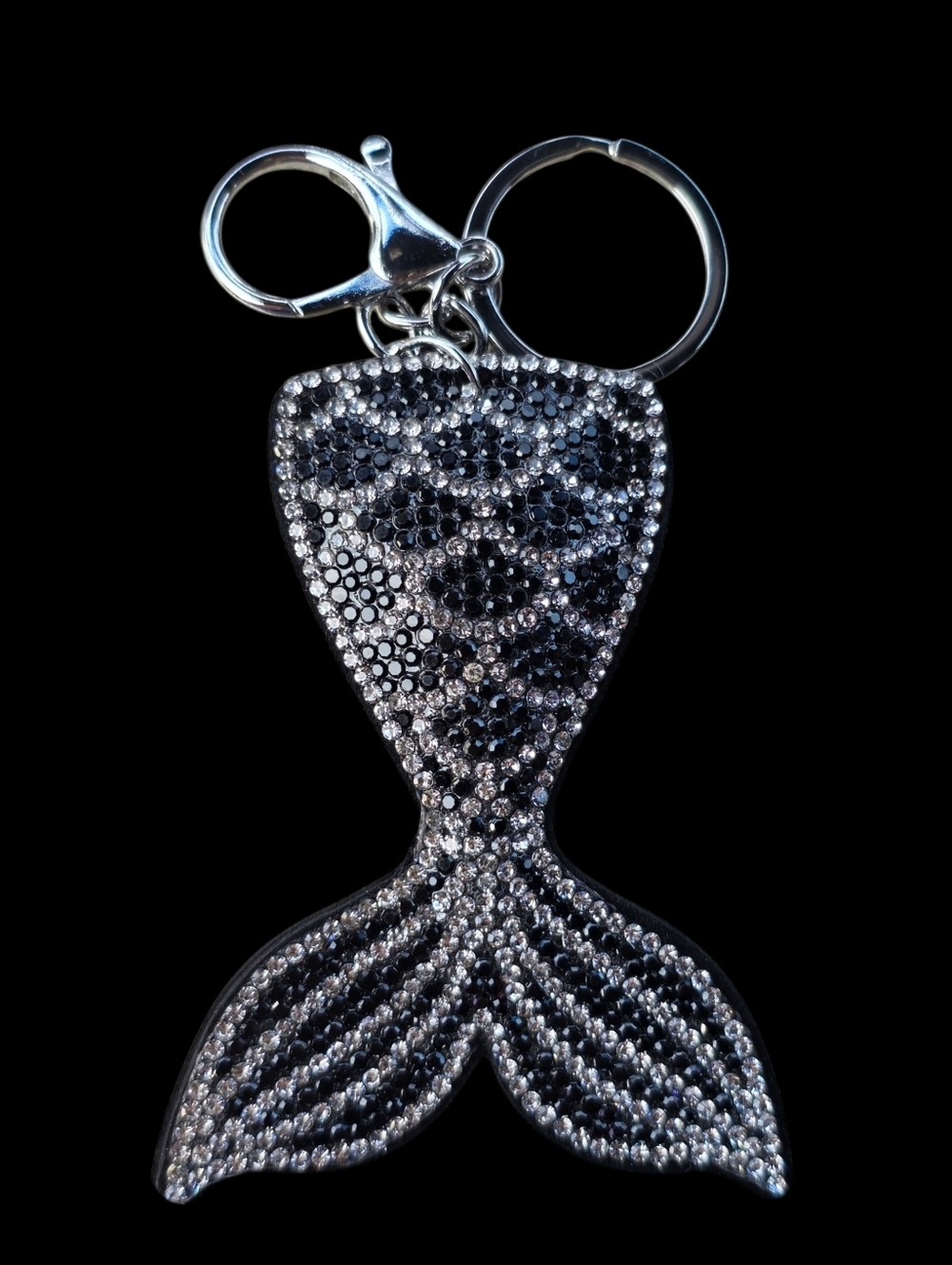 Black And Silver Mermaid Tail Bag Charm Keychain with Gold Accents - Picture 1 of 2